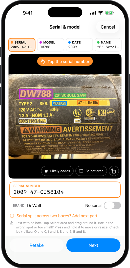 Snap the plate. ShopProof reads the serial.