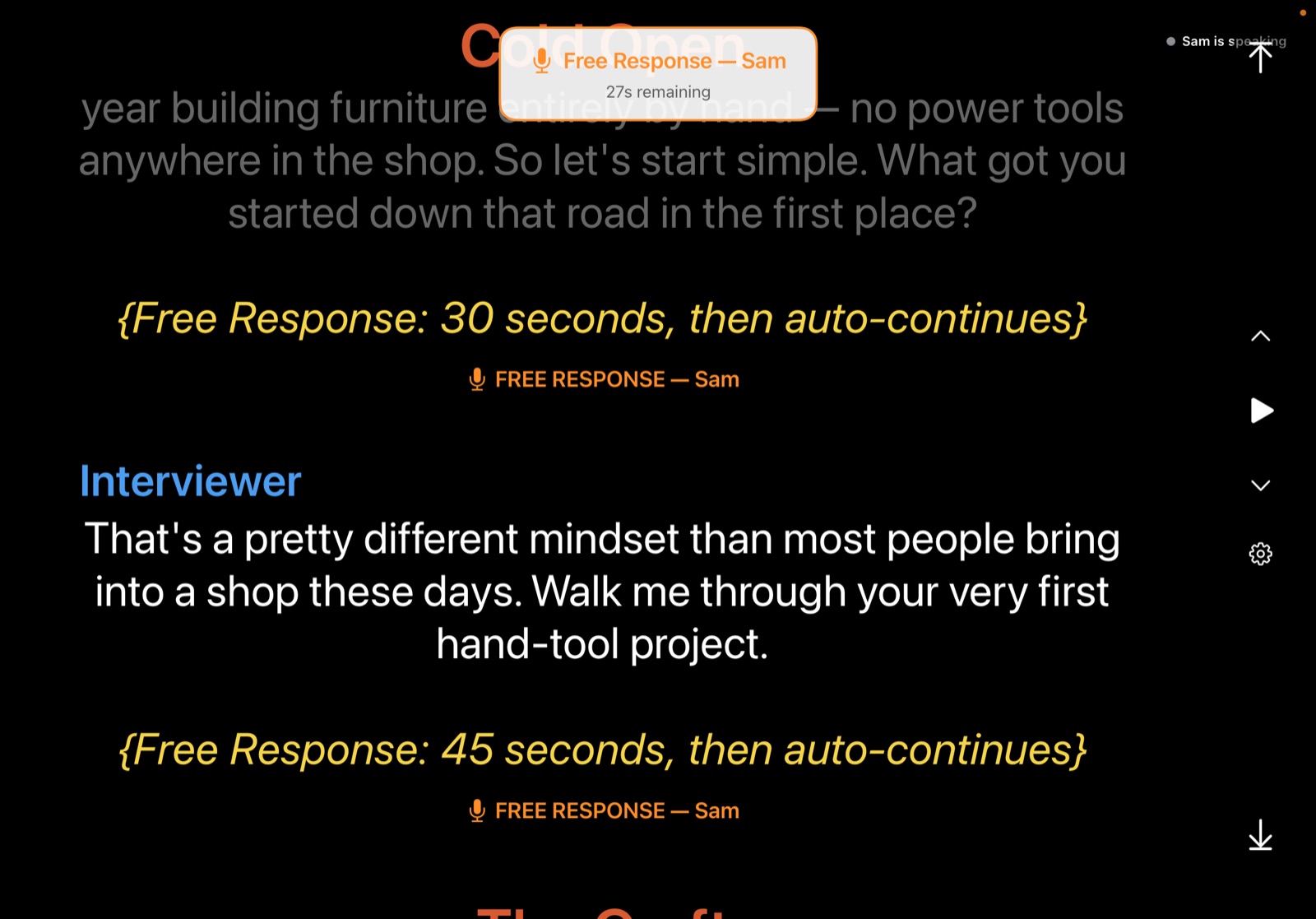 Teliprompt on iPad during a Free Response hold, with a banner reading Free Response, Sam, 27 seconds remaining