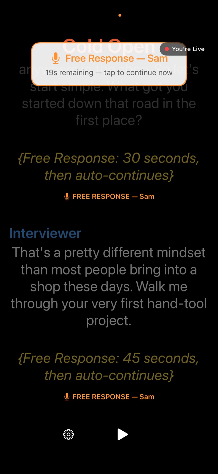 The same Free Response banner on iPhone, reading 19 seconds remaining, tap to continue now