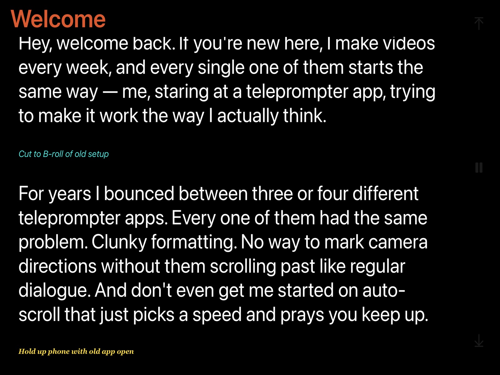 Teliprompt on iPad showing a formatted script with a coral header, a cyan camera direction and an amber action note