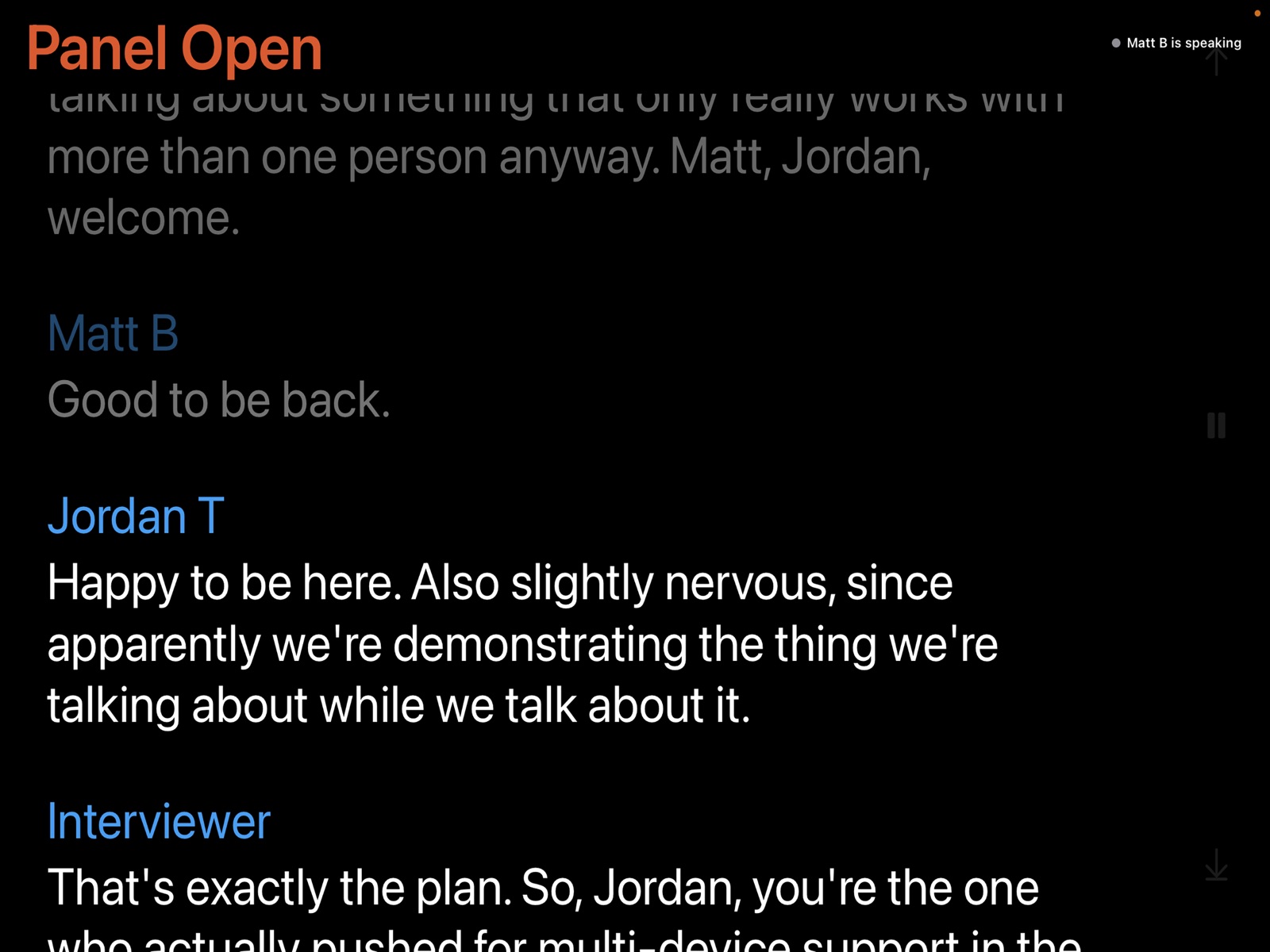 A multi-speaker panel script with a live indicator reading Matt B is speaking