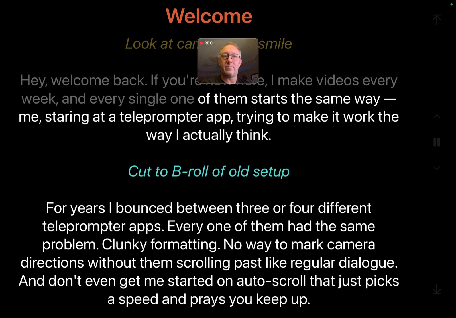 Teliprompt recording on iPad with a small camera preview marked REC above the script
