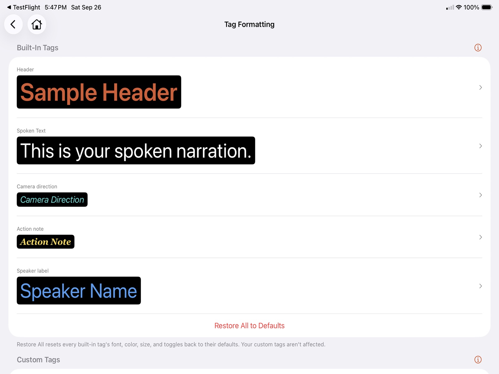 Teliprompt's Tag Formatting screen showing the four built-in tag styles