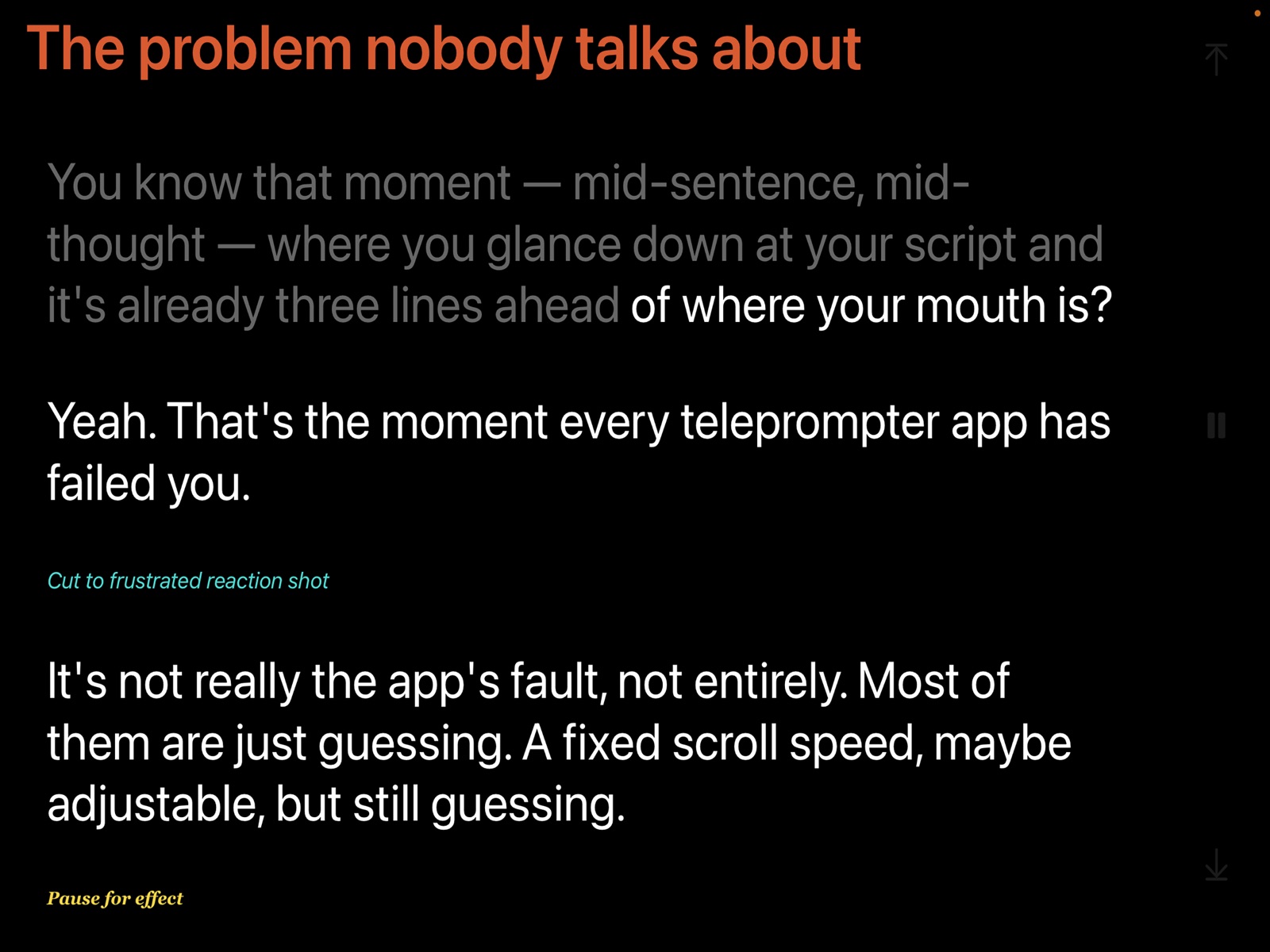 Teliprompt in Text Match mode with already-spoken words dimmed